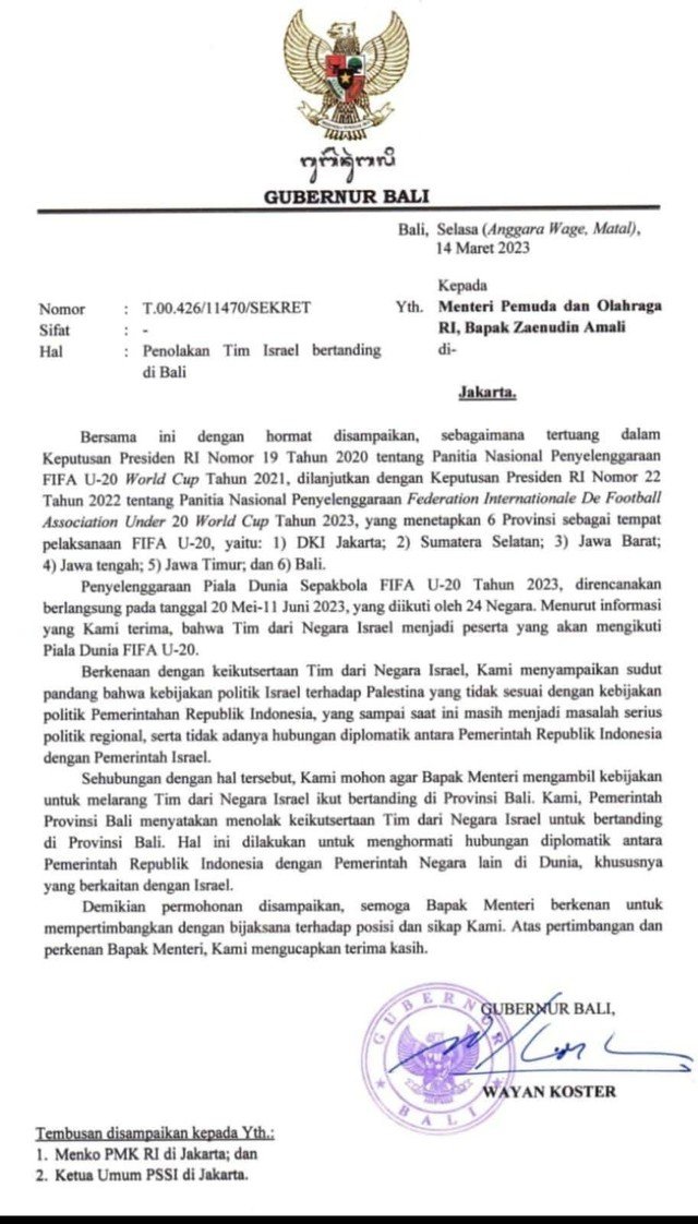 Beredar Surat Gubernur Bali Tolak Timnas Israel di Piala Dunia U-20 Beredar Surat Gubernur Bali Tolak Timnas Israel di Piala Dunia U-20