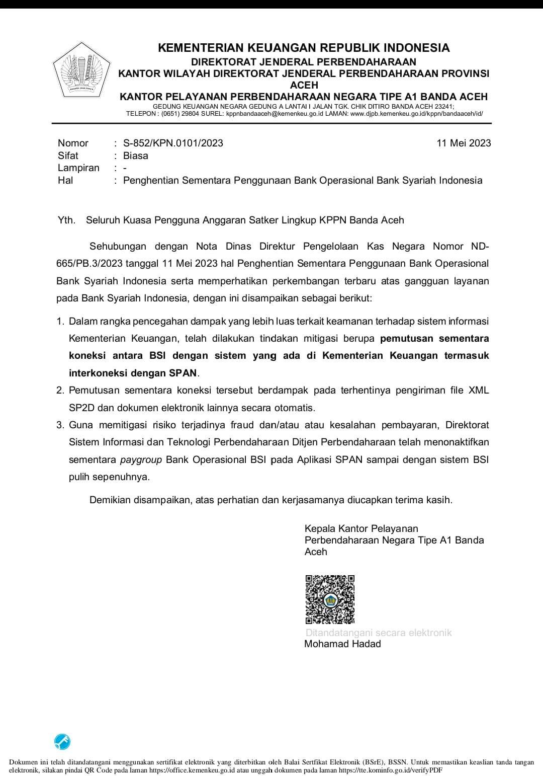 Kementerian Keuangan, Hentikan Sementara Pengunaan Bank Operasional BSI Kementerian Keuangan, Hentikan Sementara Pengunaan Bank Operasional BSI