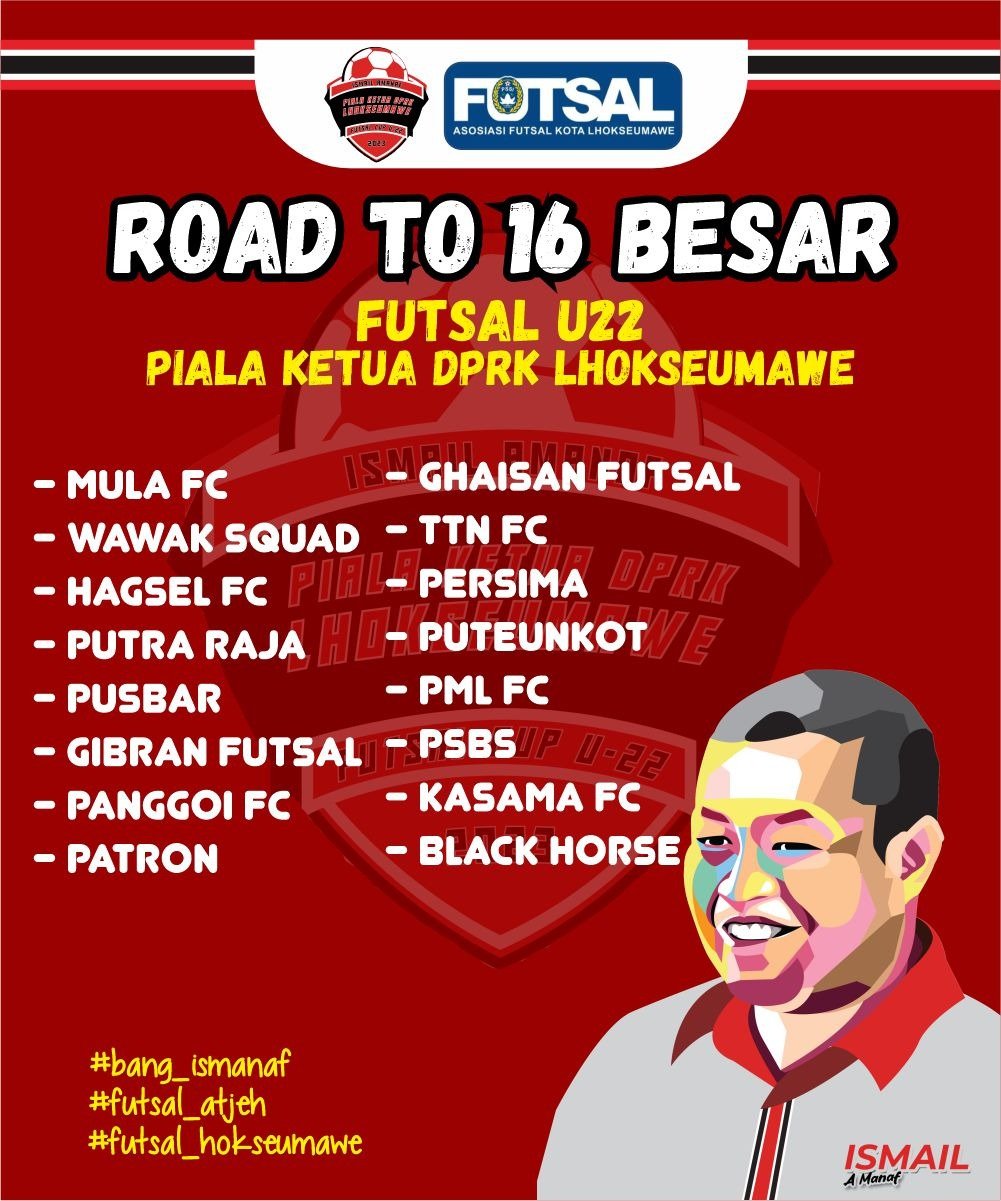 Daftar Pertandingan Babak 16 Besar Futsal U-22 Piala Ketua DPRK Lhokseumawe Daftar Pertandingan Babak 16 Besar Futsal U-22 Piala Ketua DPRK Lhokseumawe