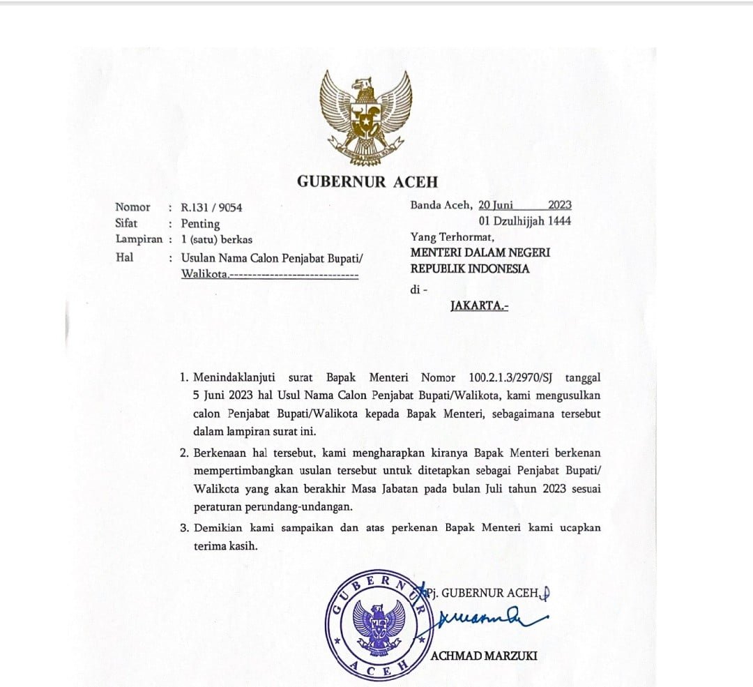 PJ Gubernur Aceh Usulkan 30 Nama PJ Bupati dan Walikota Ke Mendagri PJ Gubernur Aceh Usulkan 30 Nama PJ Bupati dan Walikota Ke Mendagri
