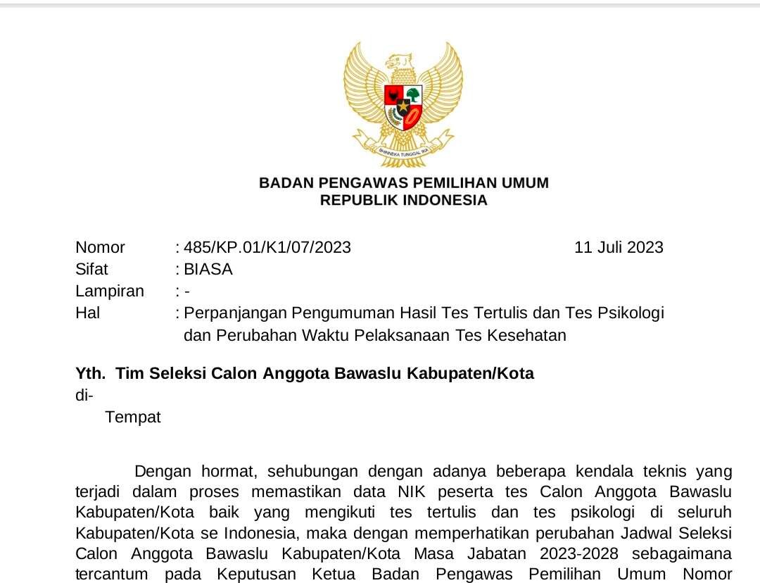 Bawaslu RI Perpanjang Pengumuman Hasil Tes Tertulis dan Psikologi Calon Anggota Bawaslu Kabupaten/Kota Bawaslu RI Perpanjang Pengumuman Hasil Tes Tertulis dan Psikologi Calon Anggota Bawaslu Kabupaten/Kota